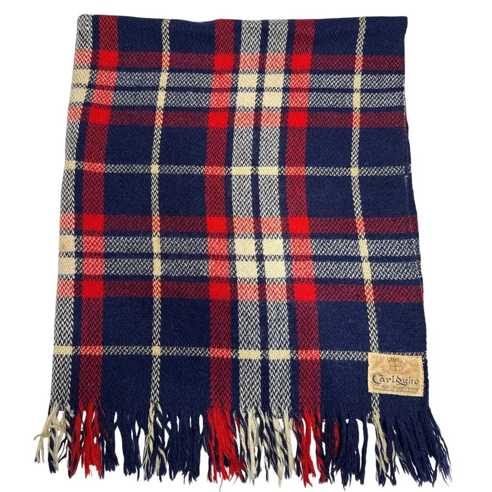 1960s CarlDyke Tartan Wool Stadium Blanket Red Navy Plaid Fringe 51x38